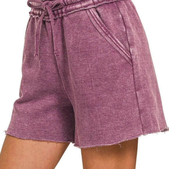 Zenana Acid Wash Fleece Drawstring Shorts With Pockets - Picture 2 of 4